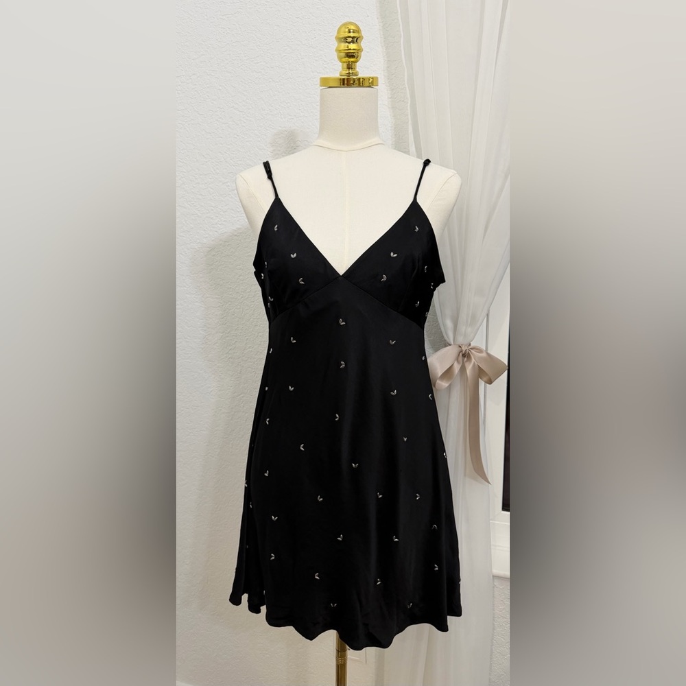 NEW ZARA Y2K Black Satin Plunge Mini Dress With Rhinestone Accents Size XL - Picture 2 of 7